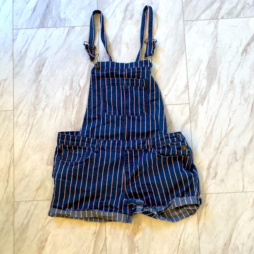 White, Red and Dark Blue Striped Overalls Shorts